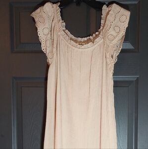 Casual Bohemian Flowy Ruffle Hem Lace Lining Dress  Loose Fit Beige Midi Length